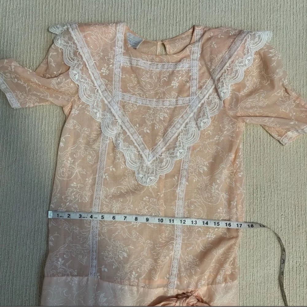 Vintage Gunne Sax Dress XS 3 Peach Sheer Lace Drop Waist Floral Cottagecore - Picture 2 of 8